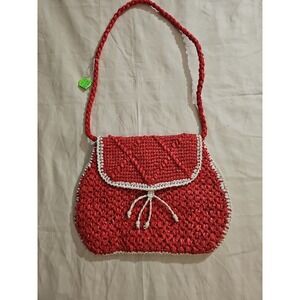Vintage 70's Raffia Faux Straw Shoulder bag Red & White Purse Phillipines